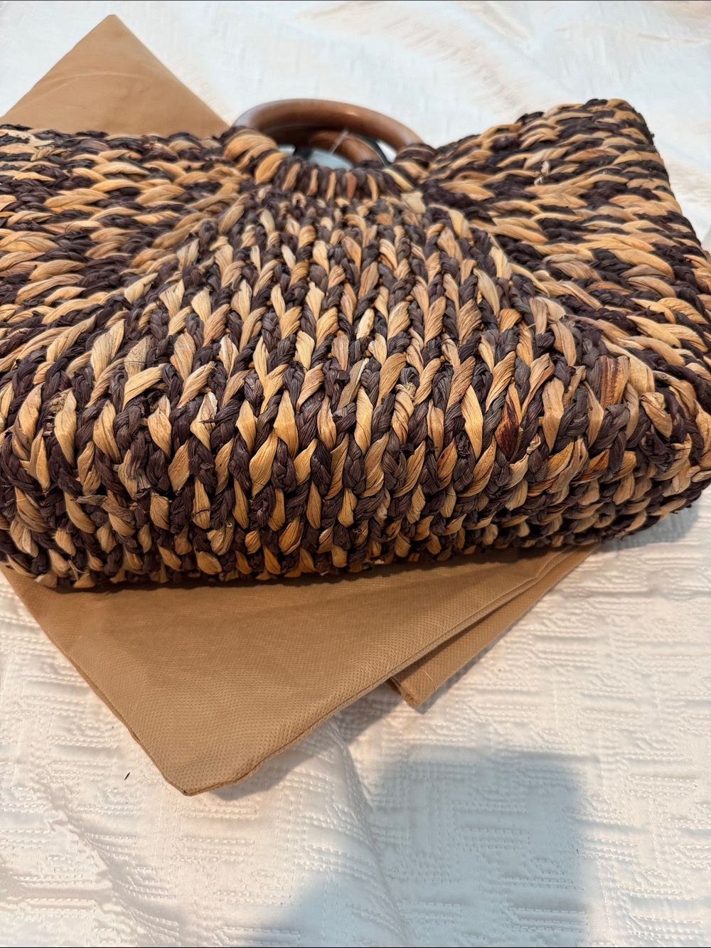 Patricia Nash Brown and Tan Braided Straw Tote with Wooden Handles - Picture 4 of 6